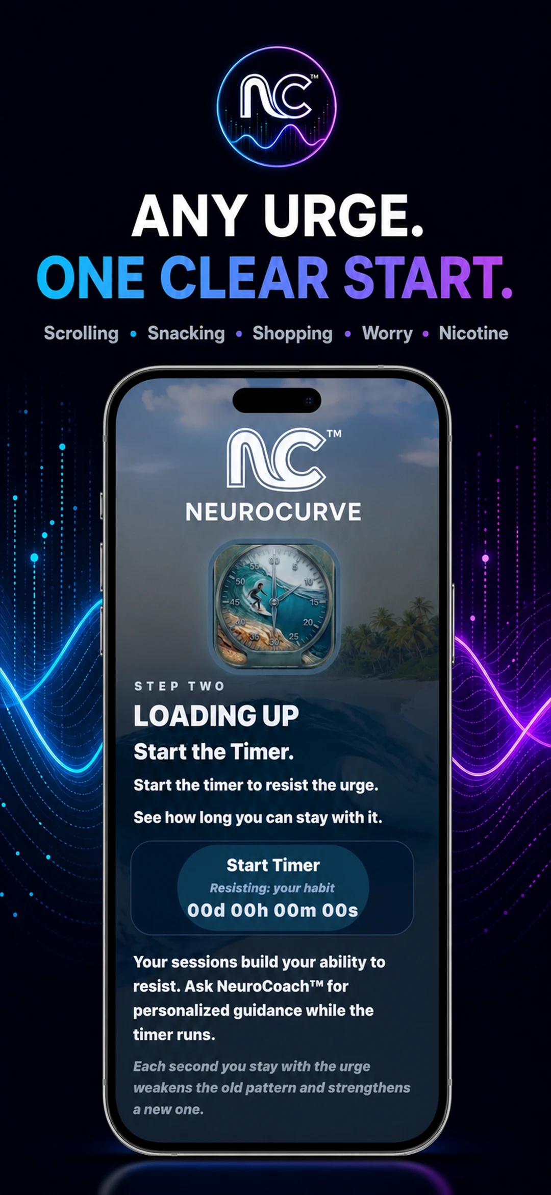 NeuroCurve App Store artwork illustrating how to name an urge and begin a timer session