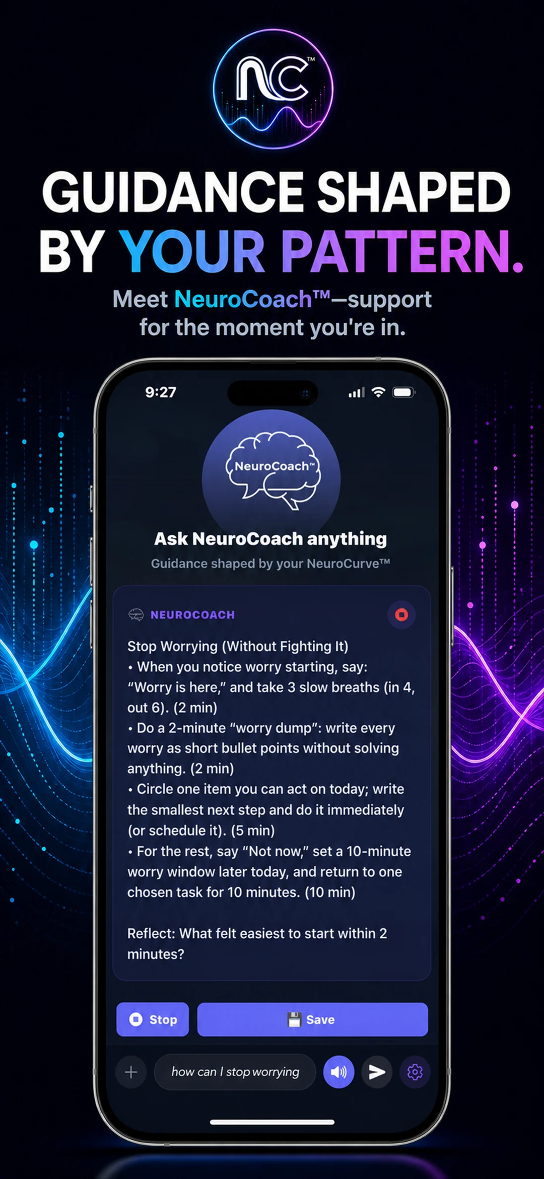NeuroCoach app preview showing personalized AI guidance for an urge