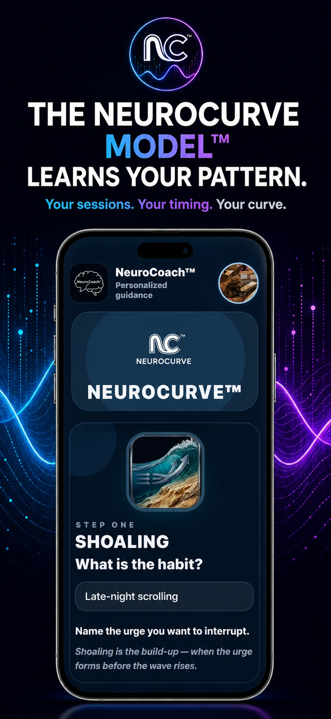 NeuroCurve Model App Store artwork showing the approach to understanding patterns and delaying responses